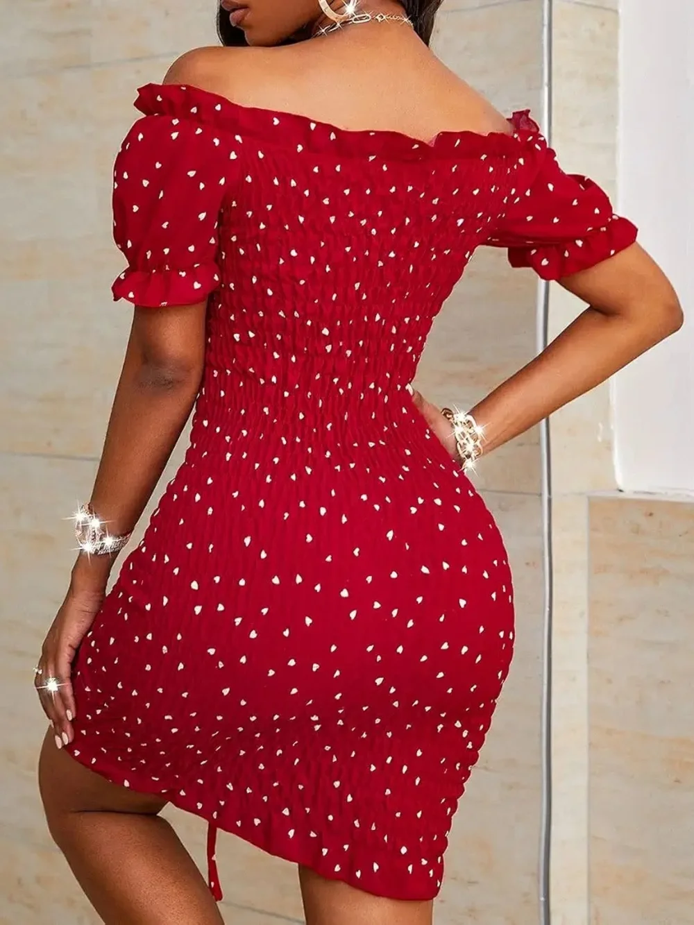 Red Smocked Heart Print Off the Shoulder Ruched Mini Dress Medium Valentine